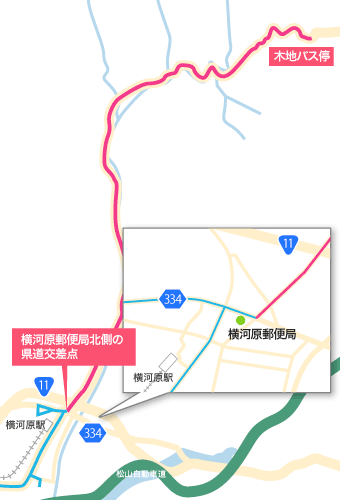 横河原郵便局北側の県道交差点～木地バス停　該当区間路線図